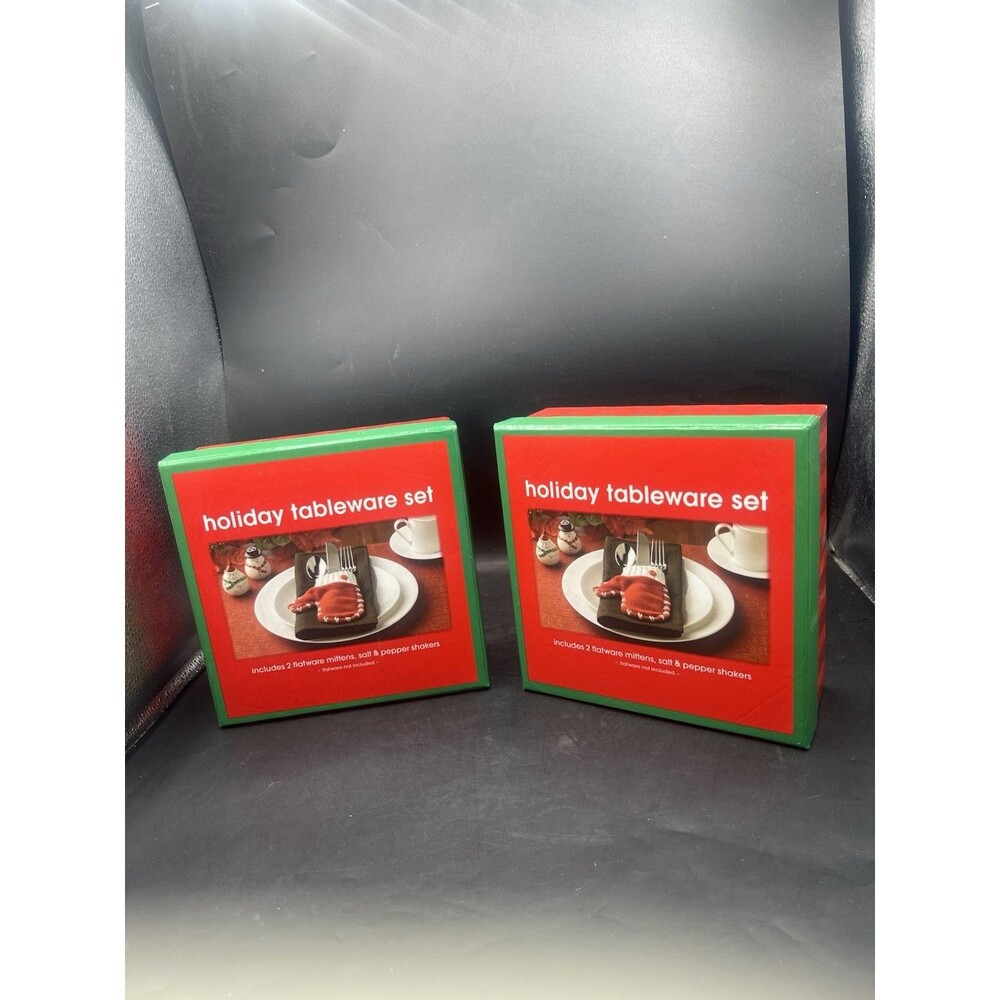 Christmas Snowman Salt Pepper Shakers Red Mitten Flatware Holders 2 Box Lot